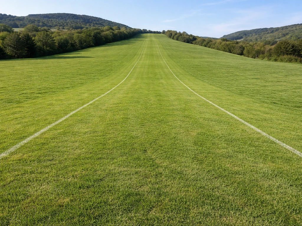 Pente d’entraînement de ski sur herbe avec herbe courte et zone dégagée, vue large dans la campagne française.