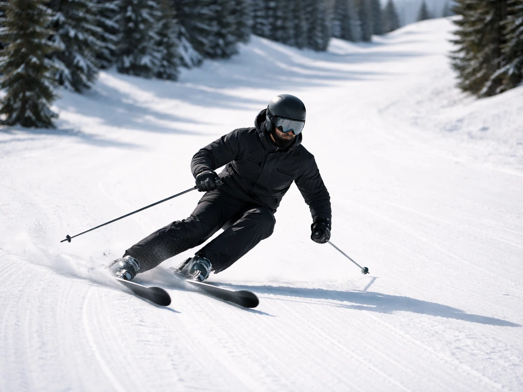 Skieur anonyme en posture basse sur une piste, orienté vers la descente avec traces suggérant un virage.