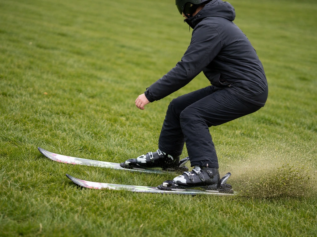 Skieur anonyme freinent sur une pente d’herbe, en position stable, angle latéral proche.