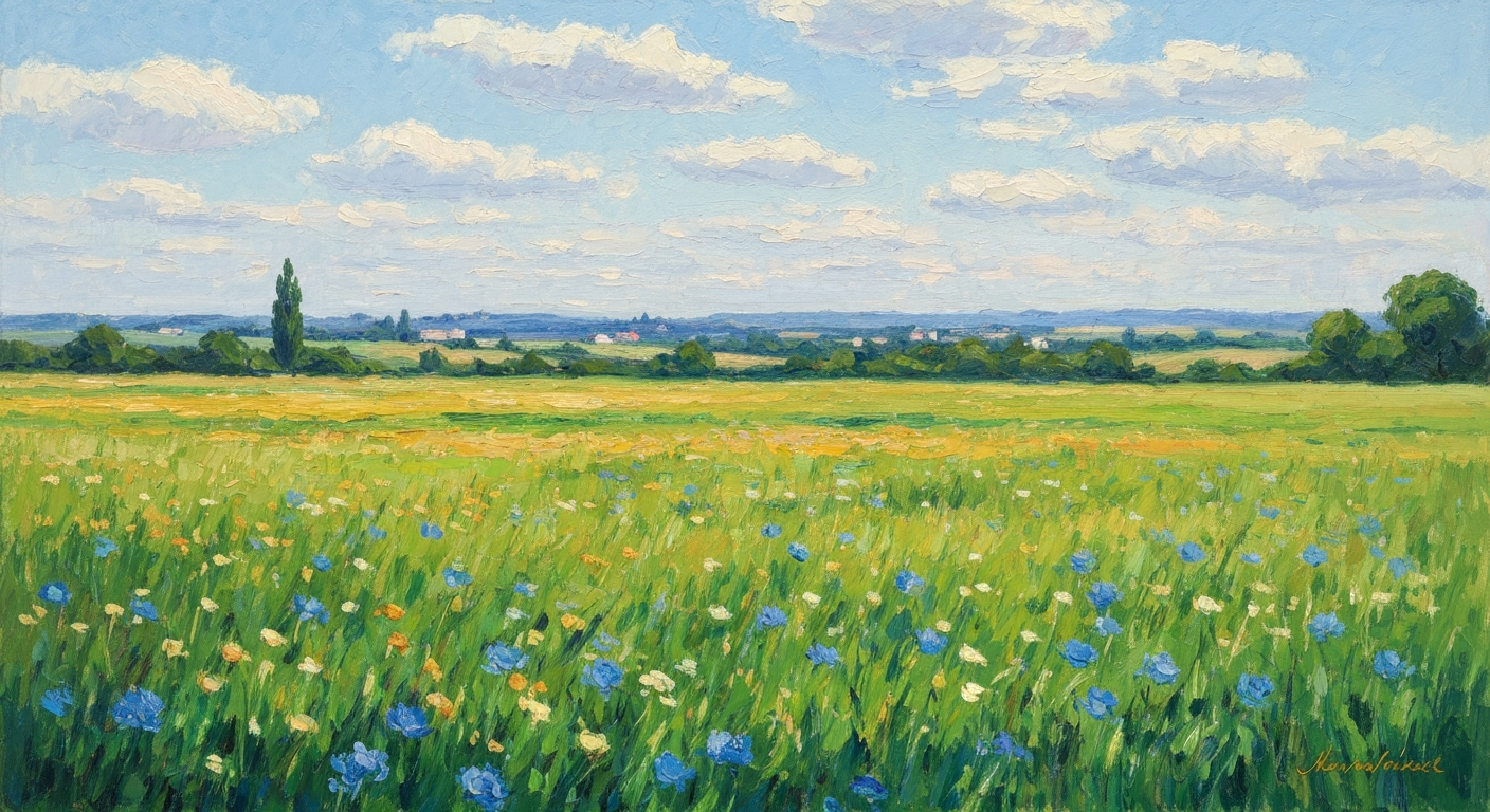 Frontière impressionniste entre un ciel bleu pâle et une prairie verte parsemée de coquelicots, coups de pinceau visibles.