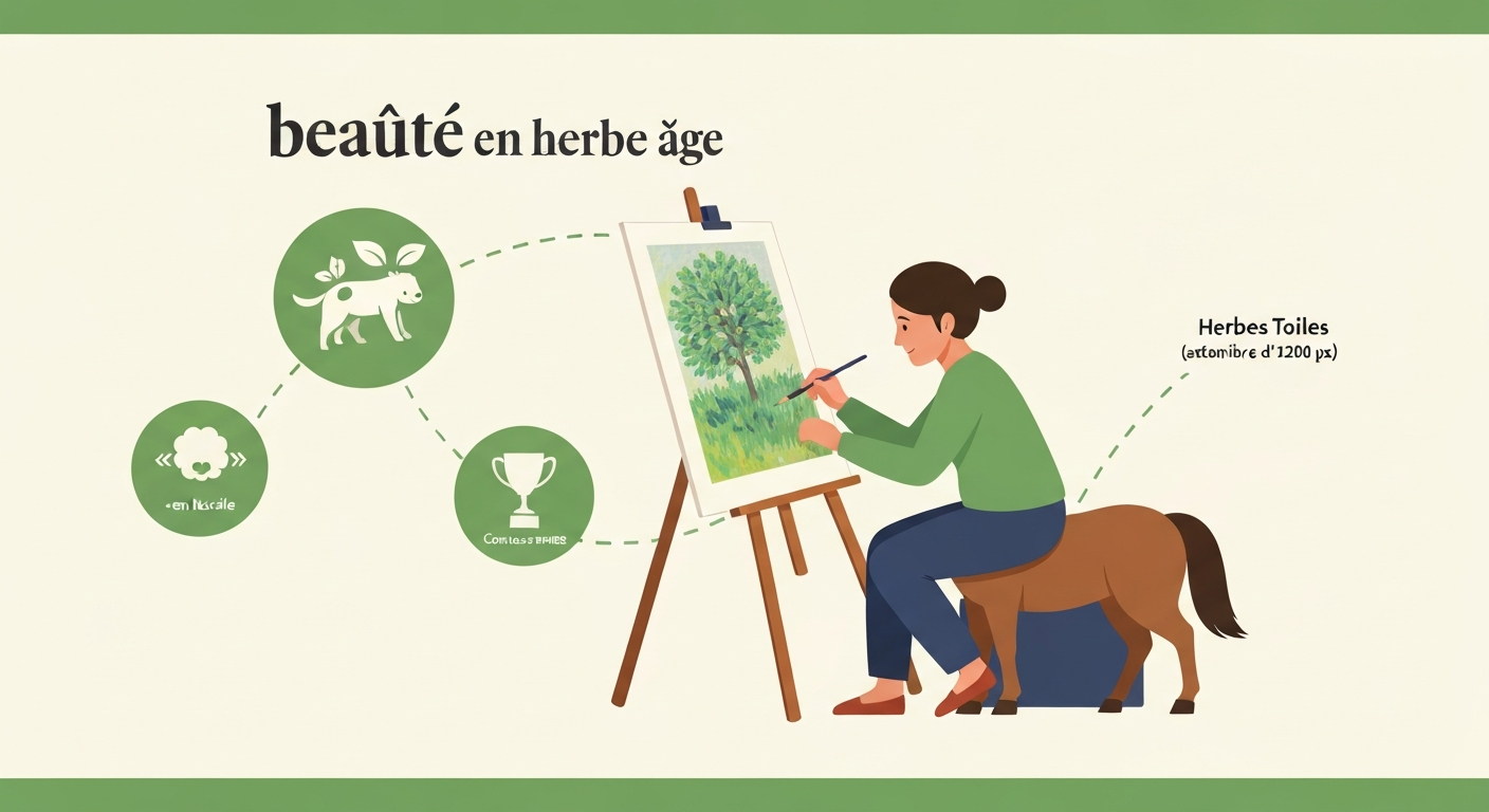 Personne en train de peindre sur une pelouse, toile impressionniste d'herbe, icônes discrètes illustrant définition linguistique, concours et atelier.