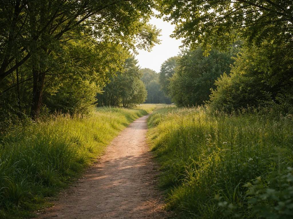 Chemin dans un parc verdoyant, lumière naturelle entre les arbres, ambiance calme d’exploration.