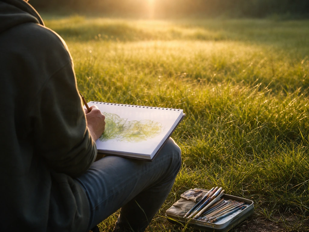 Personne dessinant en plein air sur une pelouse, papier et crayons, lumière du matin sur l’herbe