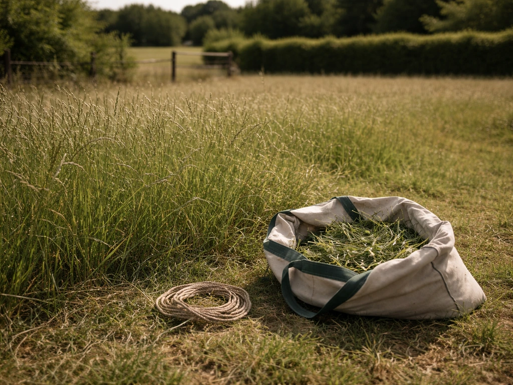 Champ d’herbe sur pied près d’un sac de récolte, ambiance rurale pour illustrer la vente de récolte.