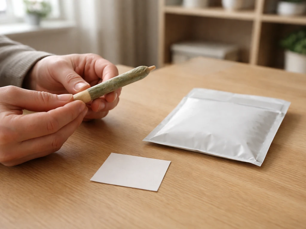 Rouleaux de produit végétal sur une table, étiquette neutre à côté, mains anonymes vérifiant la conformité.