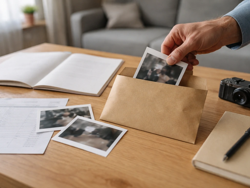 Main qui assemble un dossier de preuves de litige sur une table : contrat et photos floues.
