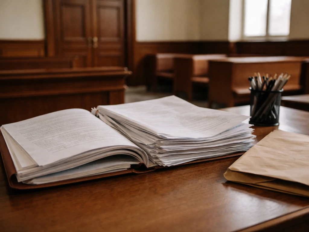 Salle de tribunal et dossier de justice ouverts, ambiance sobre liée à la requalification en bail rural.