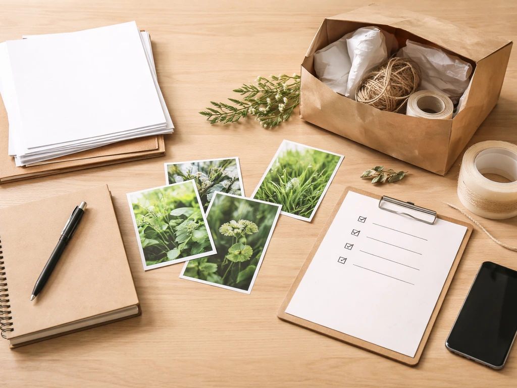 Table de travail avec documents, photos de végétaux et checklist vierge pour sécuriser une vente.