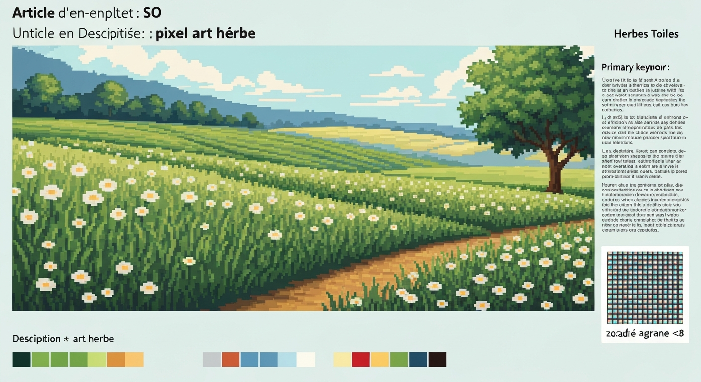 Prairie en pixel art avec tuiles 32×32 assemblées, zoom pixel ×8 et bande de 8 couleurs inspirée de l'impressionnisme