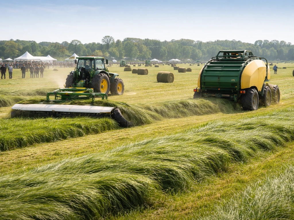 Machines de fenaison en action dans un salon agricole outdoor sur parcelles herbagères.