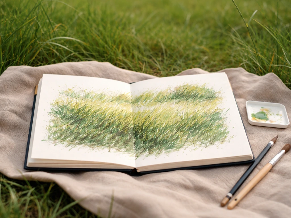 Carnet de croquis ouvert sur une prairie, crayon et pinceau avec un dessin vivant et des herbes en arrière-plan.