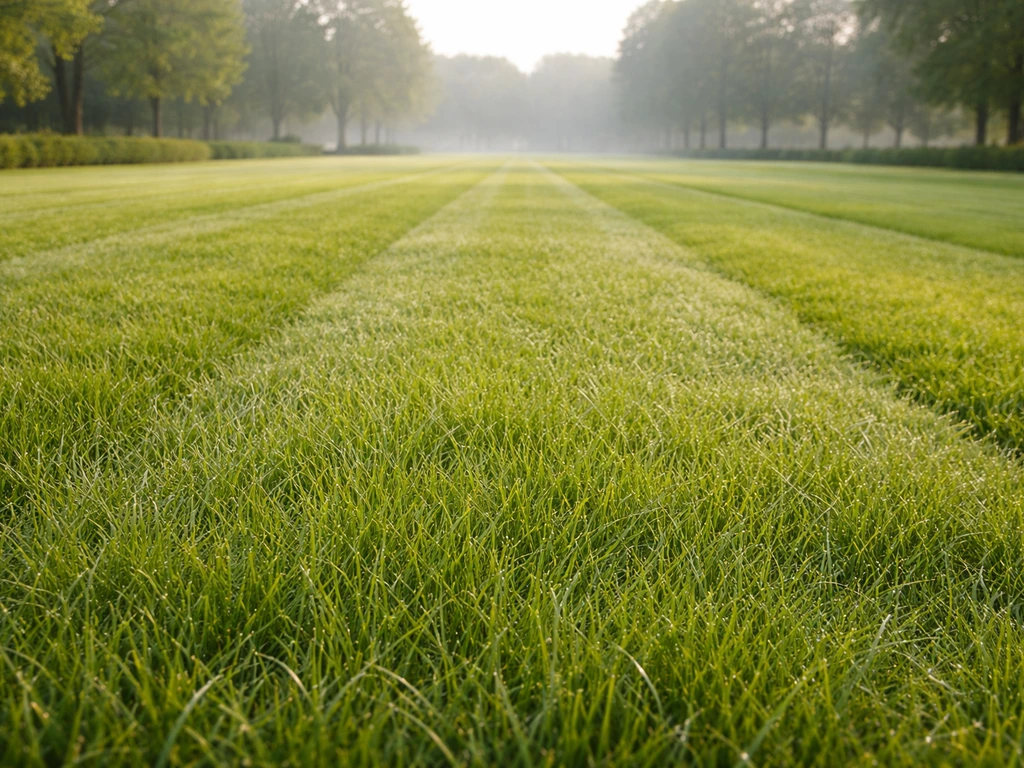 Parc de démonstration champêtre avec parcelles d’herbe valorisées, rosée du matin, ambiance de salon à venir.