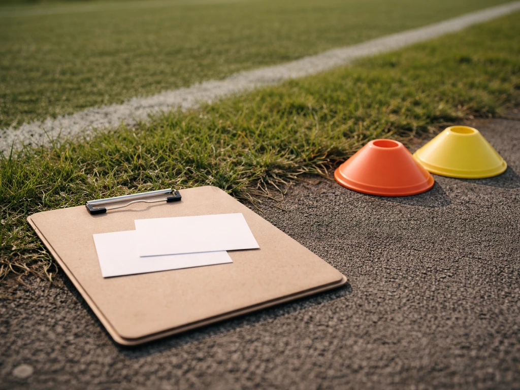 Planche à pince au sol sur une piste herbeuse, cartes vierges et cônes d’entraînement pour suggérer une comparaison de d