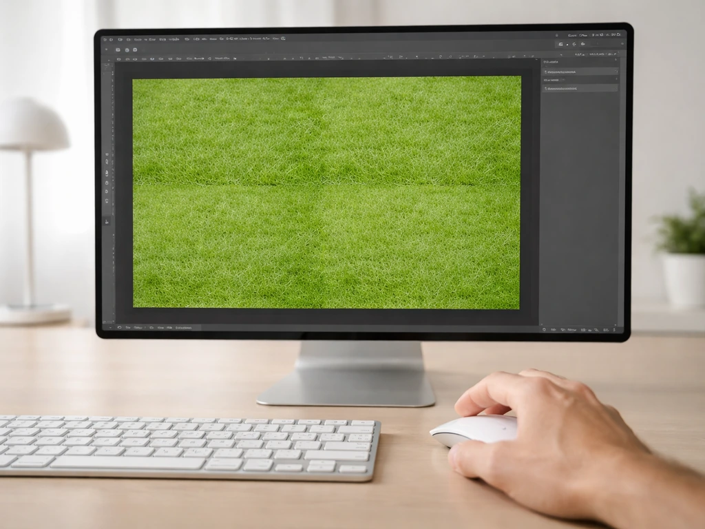 Main utilisant Photoshop sur un bureau, vue rapprochée d’un écran montrant une texture d’herbe en décalage