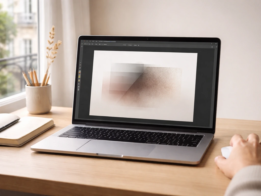 Main et souris sur un bureau, texture beige appliquée en calques avec masque dans un éditeur sur ordinateur.