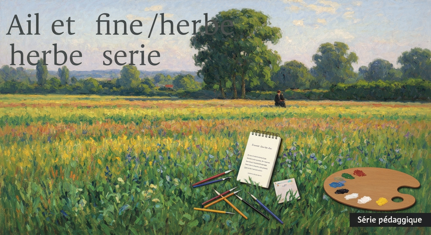 Couverture illustrée impressionniste : prairie en lumière dorée, touffes d'herbe aux touches visibles, carnet de croquis et pinceaux posés sur l'herbe, espace vide en haut pour le titre.