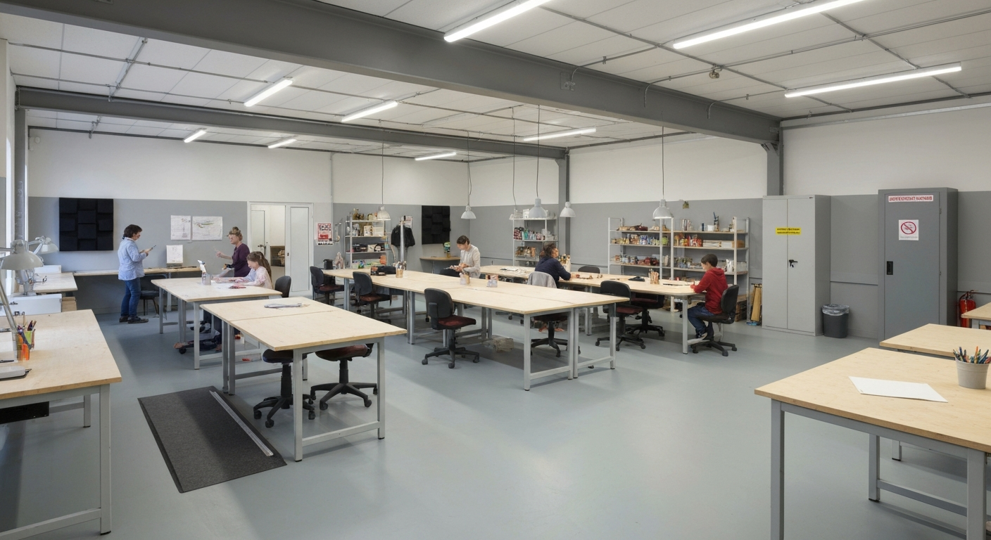 Atelier collectif lumineux avec verrière, tables, rangements, armoire de sécurité et rampe PMR, personnes floutées en activité.