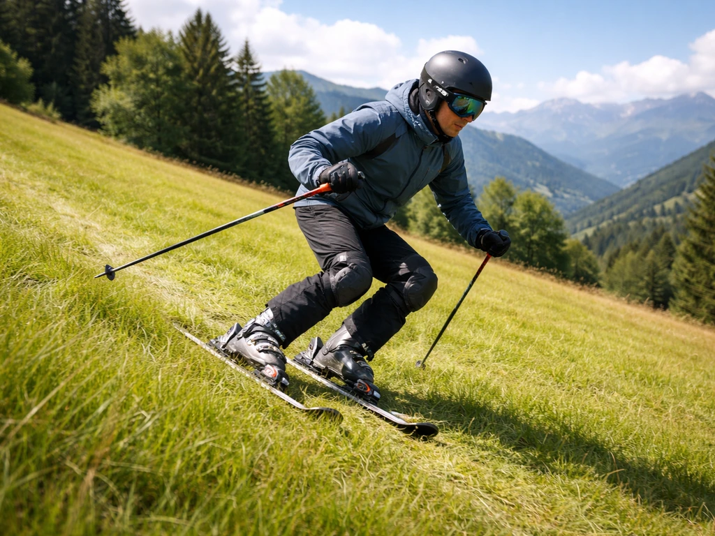 Skieur équipé sur une pente herbeuse en été en France, en descente, ambiance nature et sécurité.