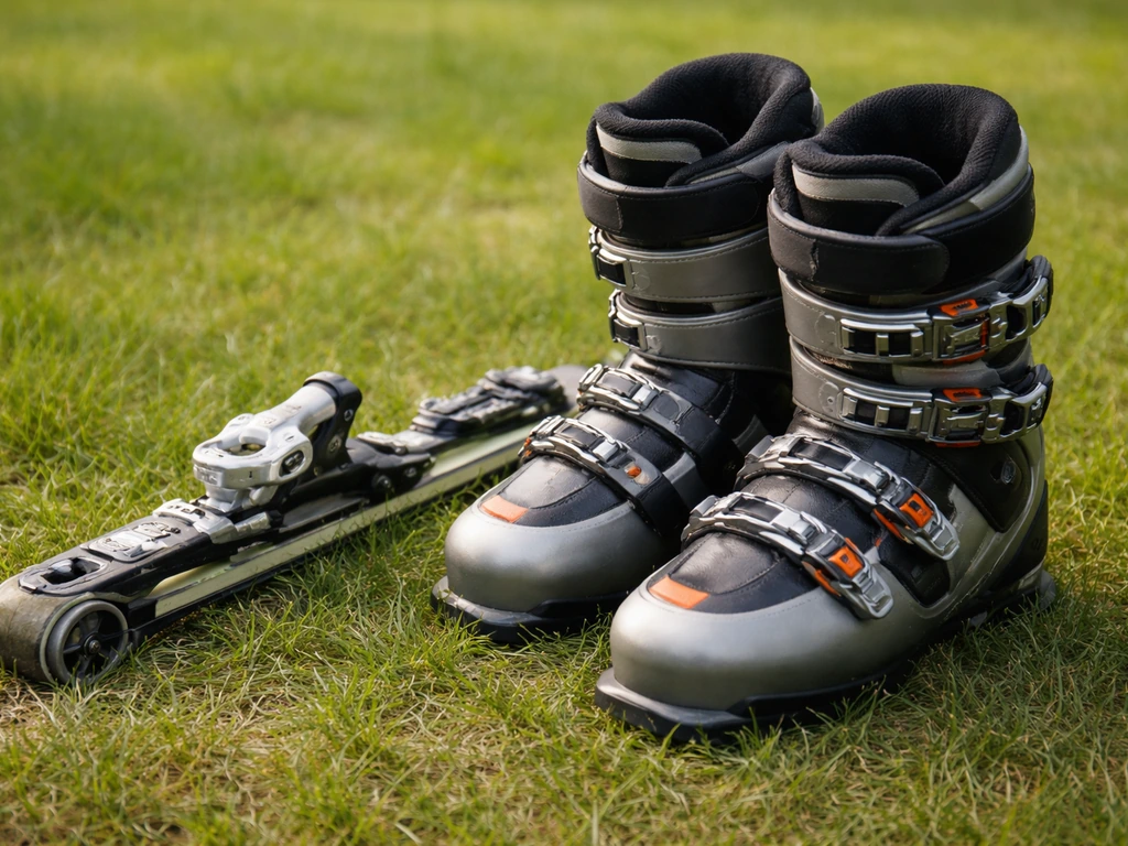 Chaussure de ski et fixation sur herbe, vue rapprochée montrant maintien de la cheville.