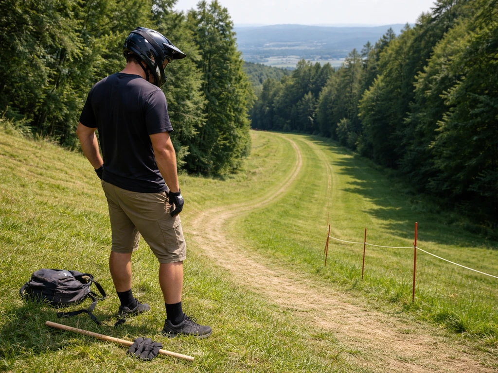 Pente herbeuse tondue, zone de sécurité délimitée, matériel d’inspection au sol et personne vérifiant le terrain.