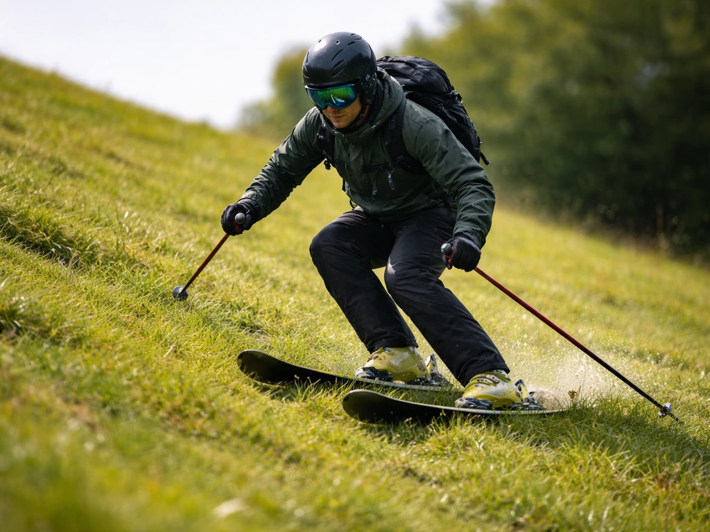 Skieur anonyme en descente sur herbe, genoux fléchis et buste légèrement en avant, trajectoire contrôlée.