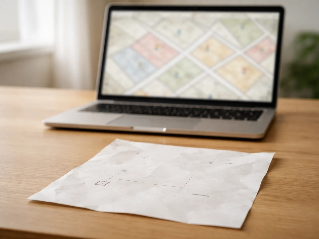 Plan cadastral flou sur une table, avec vue d’un écran montrant des repères de parcelle anonymes