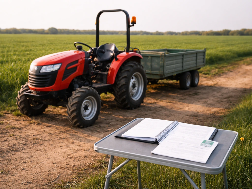 Tracteur avec remorque et documents d’assurance agricoles posés sur une table en extérieur, ambiance responsabilité