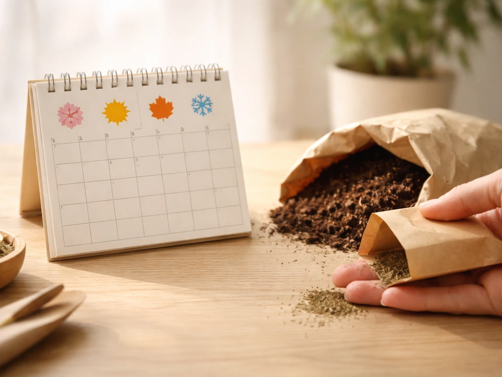 Une table en bois avec un calendrier vierge, des graines d’herbe et du terreau pour illustrer les repères de saisons.