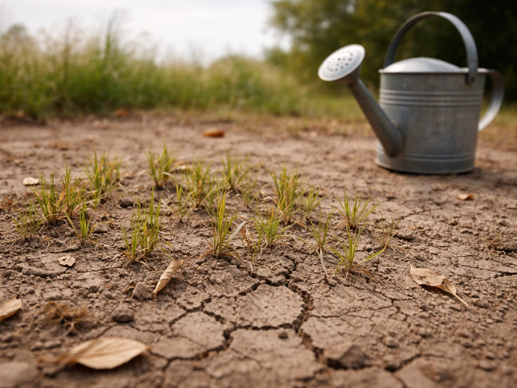 Jeunes pousses de gazon en difficulté dans un sol sec, évoquant canicule et sécheresse, au jardin.