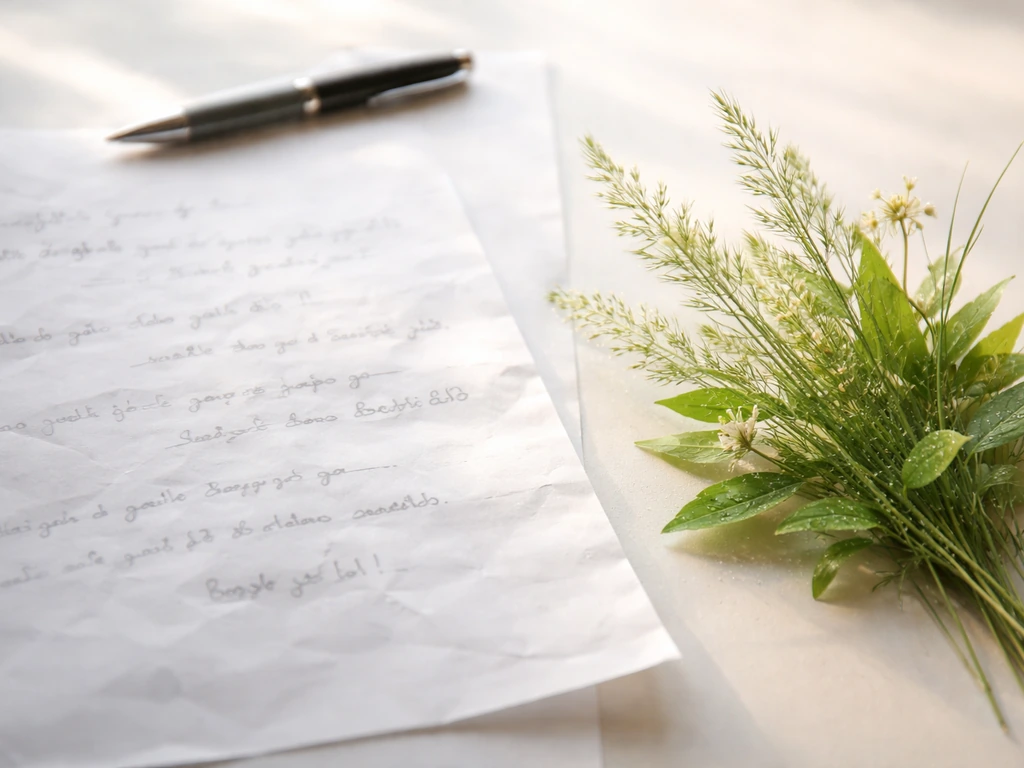 Feuille de calque sur une table avec brins d’herbe verts, symbolisant traduction du français vers l’arabe.