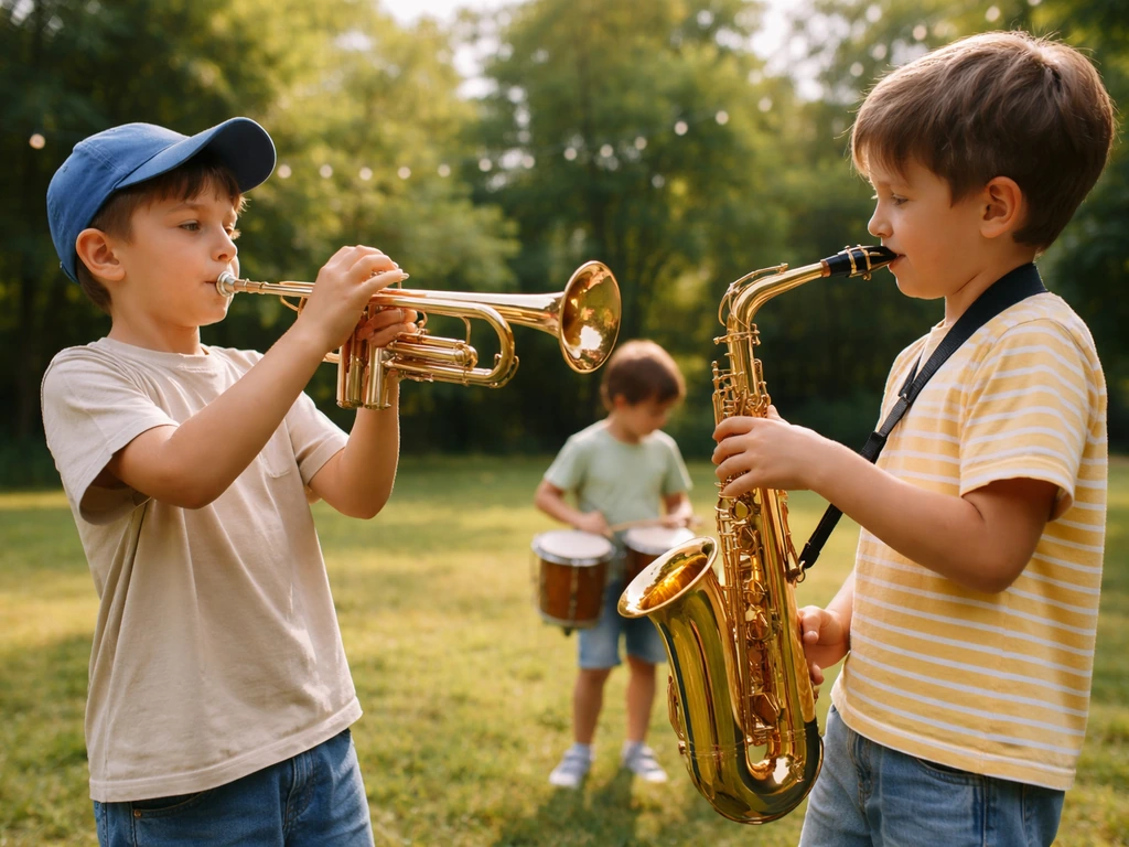 Enfants souriants jouant de la trompette et du saxophone dans un parc au soleil, ambiance jazz estivale.