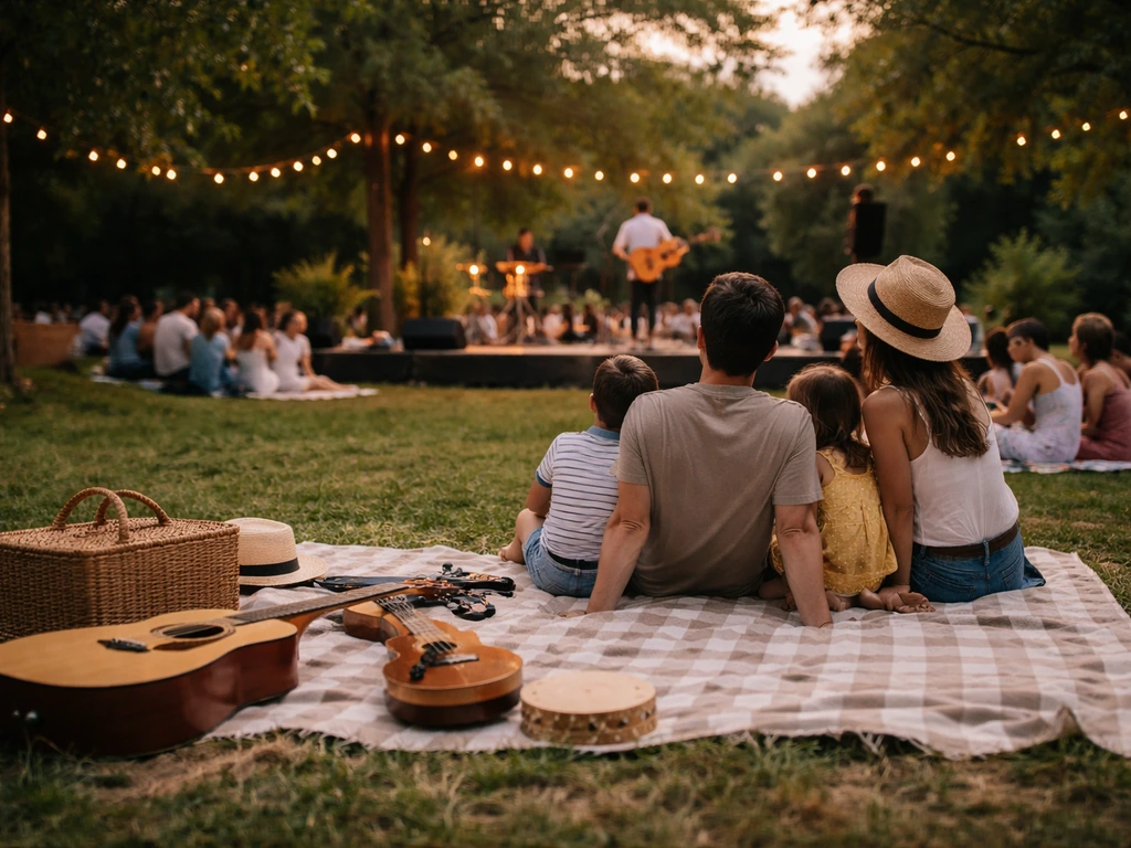 Famille dans un parc l’herbe, enfants et musique en plein air lors d’un concert Estival 2025.