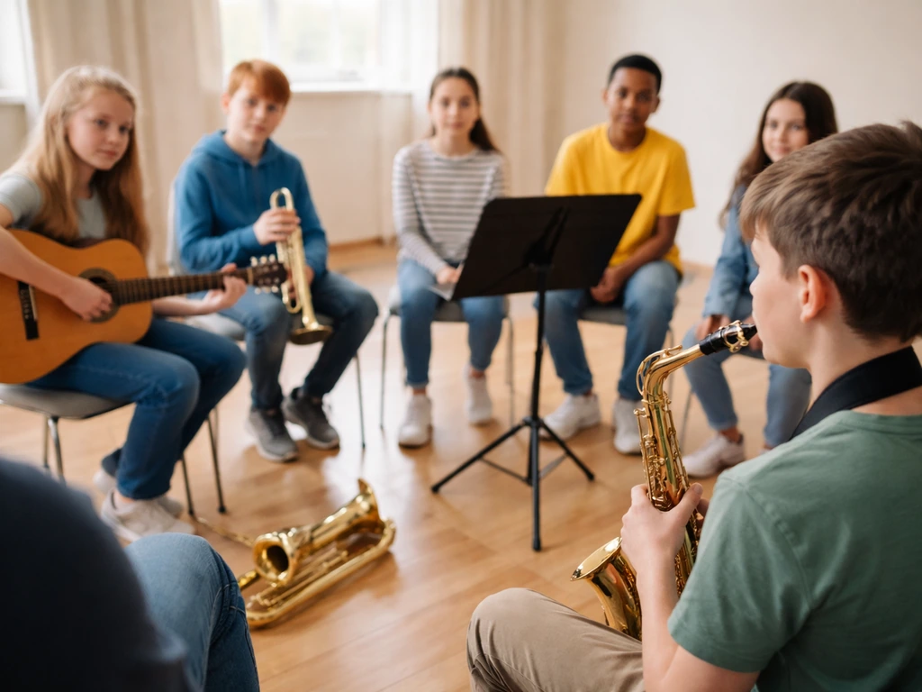 Enfants jouant d’instruments pendant un atelier de jazz, ambiance calme et collective dans une salle claire.