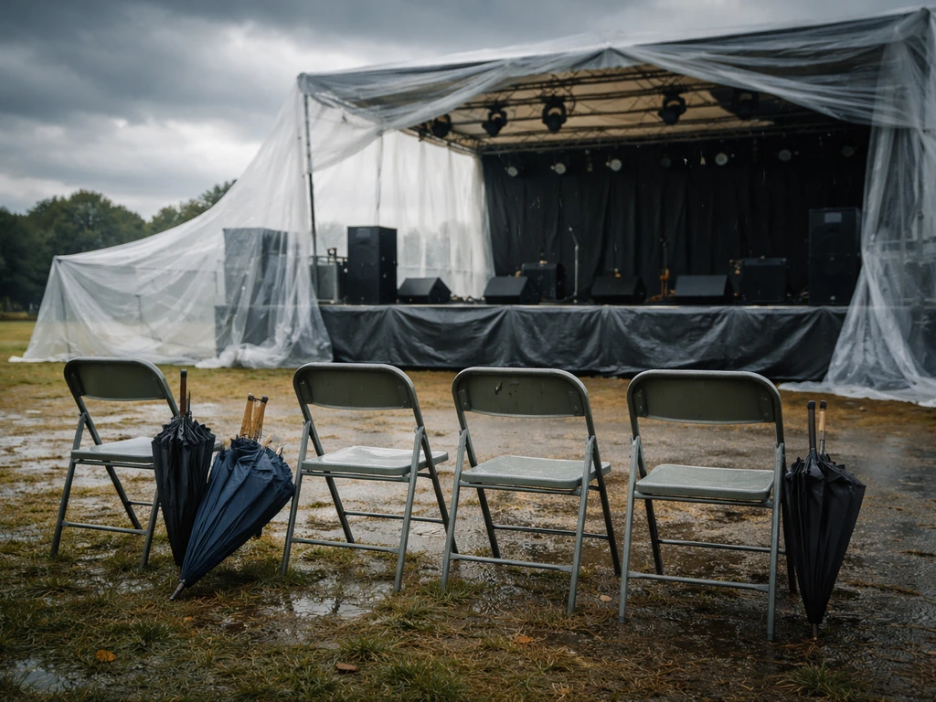 Chaises pliantes et parapluies en extérieur, ciel gris, ambiance de repli météo avant un événement.