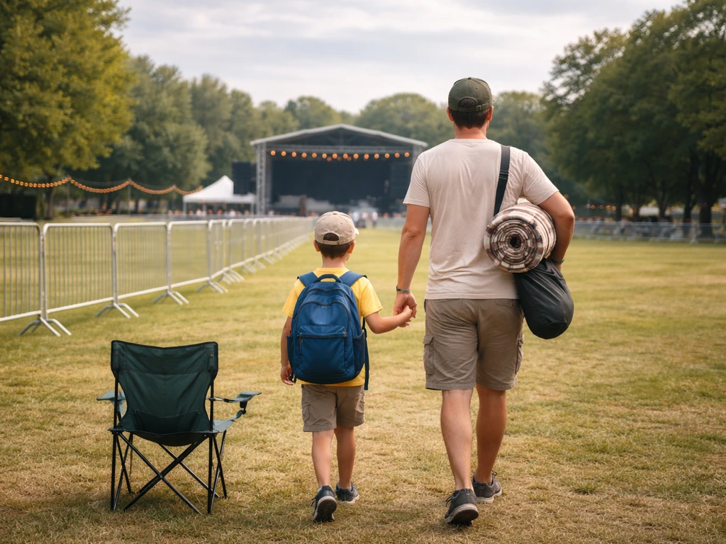 Une famille installe rapidement une couverture et une chaise avant le concert en plein air.