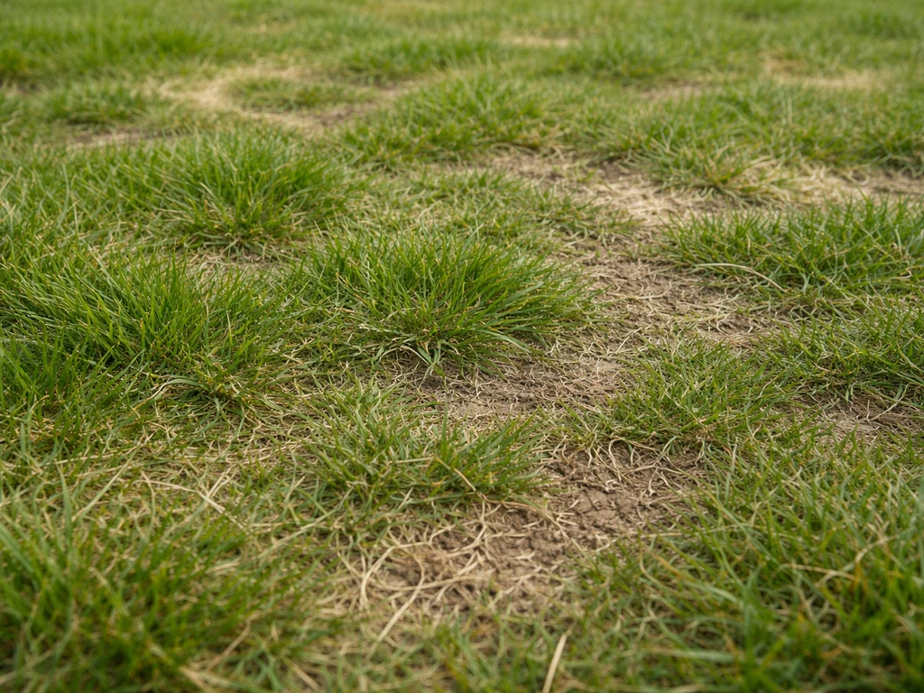 Vue rapprochée d’un sol en herbe irrégulier avec brins dressés, touffes aplaties et zones de terre/paille.