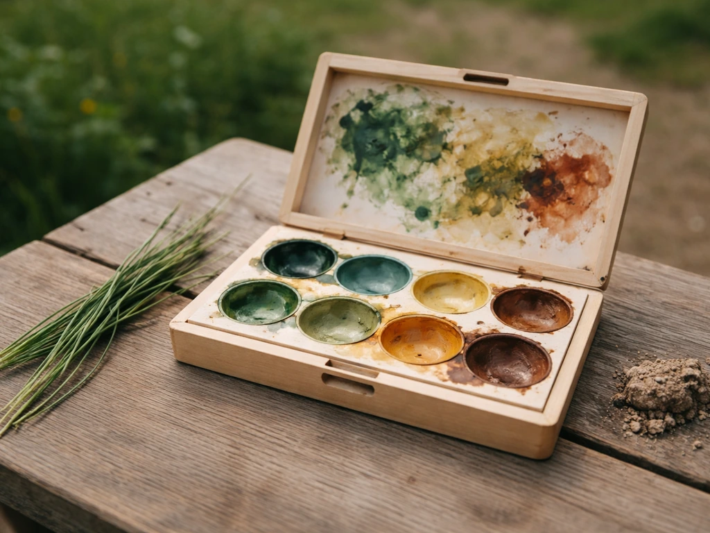 Palette de peintures vertes et terres, avec brins d’herbe et sol, montrant des mélanges réalistes.