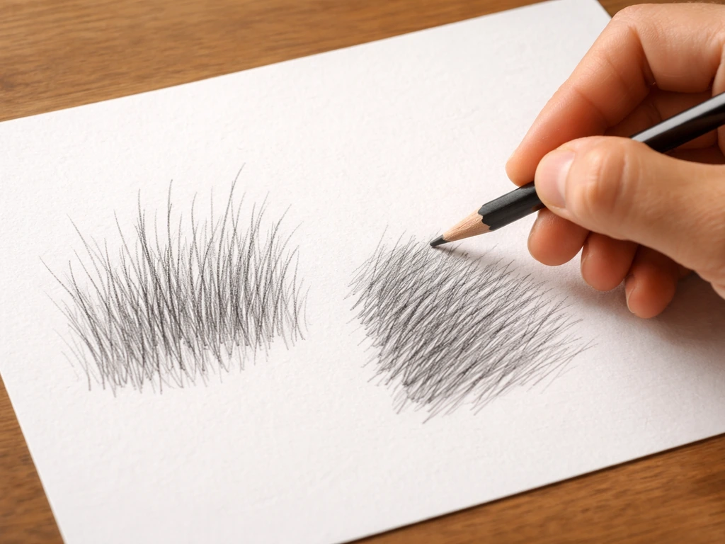 Main anonyme dessinant des hachures au crayon sur papier pour suggérer la direction de l’herbe.