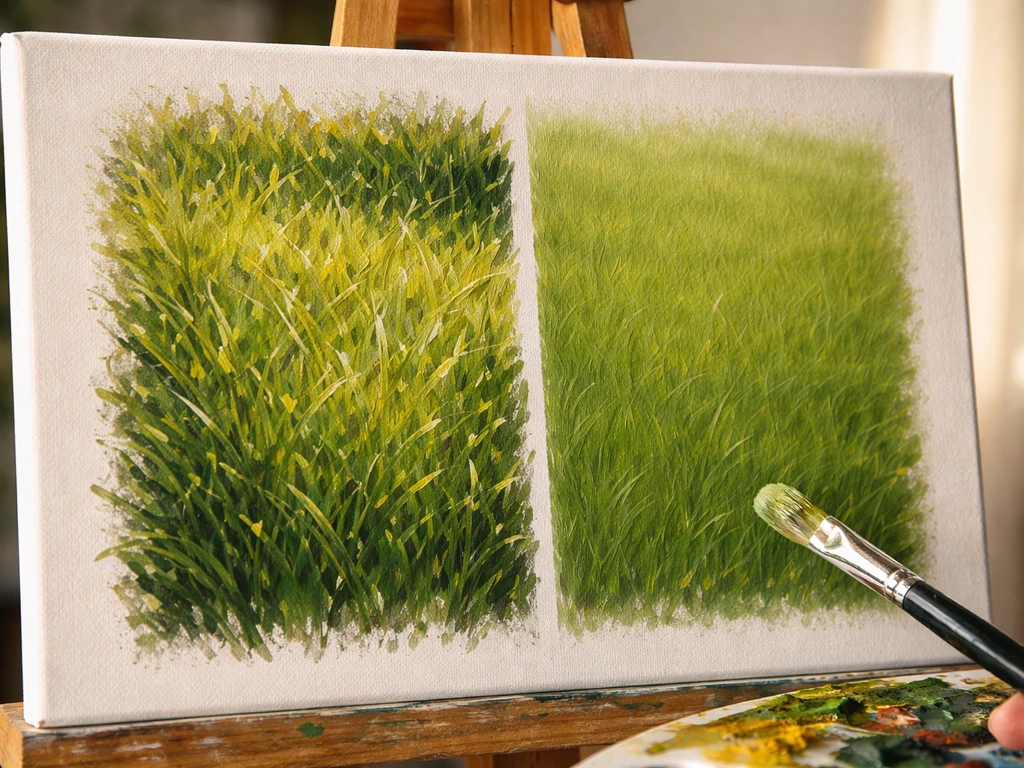 Toile montrant deux zones d’herbe : touches impressionnistes visibles d’un côté, surface plus lissée de l’autre.