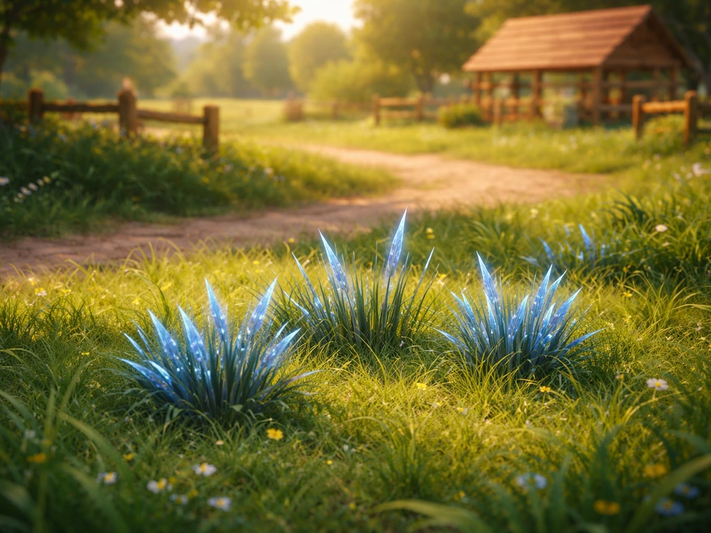 Plan rapproché d’herbe bleue brillante au sol dans une ferme verdoyante, ambiance récolte