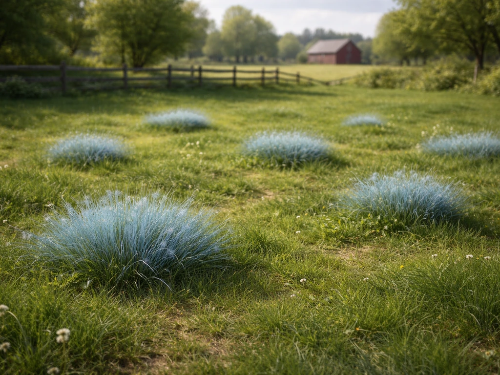 Sur une ferme rurale, plusieurs zones d’herbe bleue apparaissent au sol, avec une lumière de saison et des repères natur