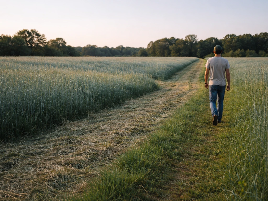 Vue aérienne minimaliste d’une prairie Meadowlands divisée en zones, certaines fauchées et d’autres laissées hautes.