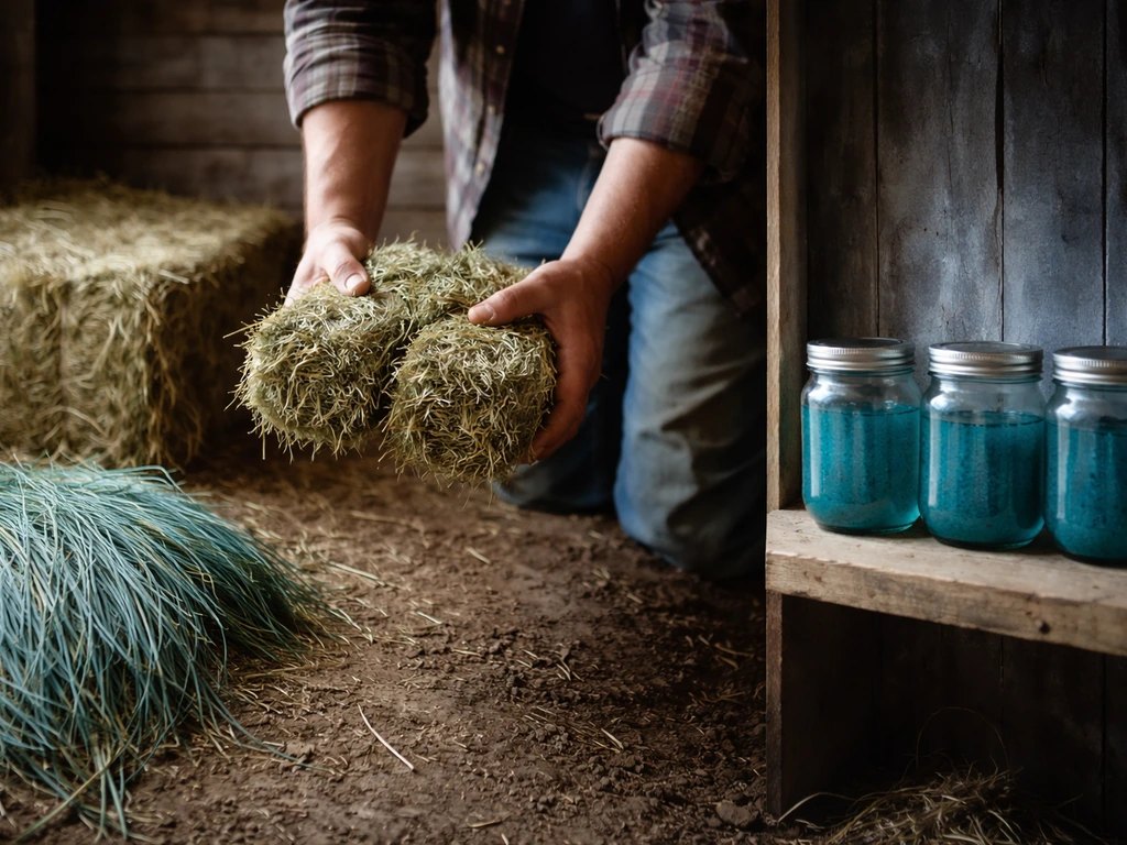Herbe bleue, bottes de foin et bocaux au liquide bleu, façon ferme, sans texte ni logos.