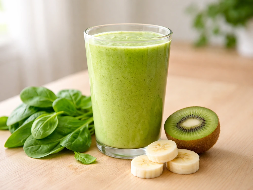 Verre de smoothie en herbe vert vif avec banane et kiwi, entouré de jeunes pousses fraîches, ambiance fraîche.