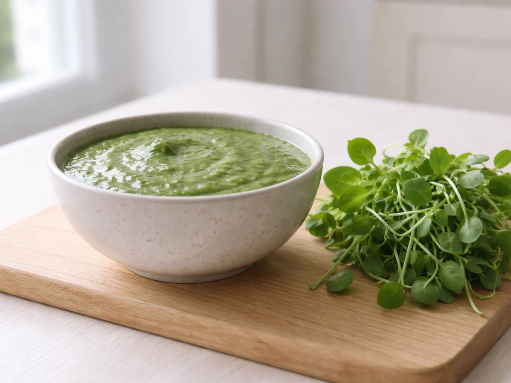 Bol de smoothie vert avec jeunes pousses fraîches, prêtes à être mixées.