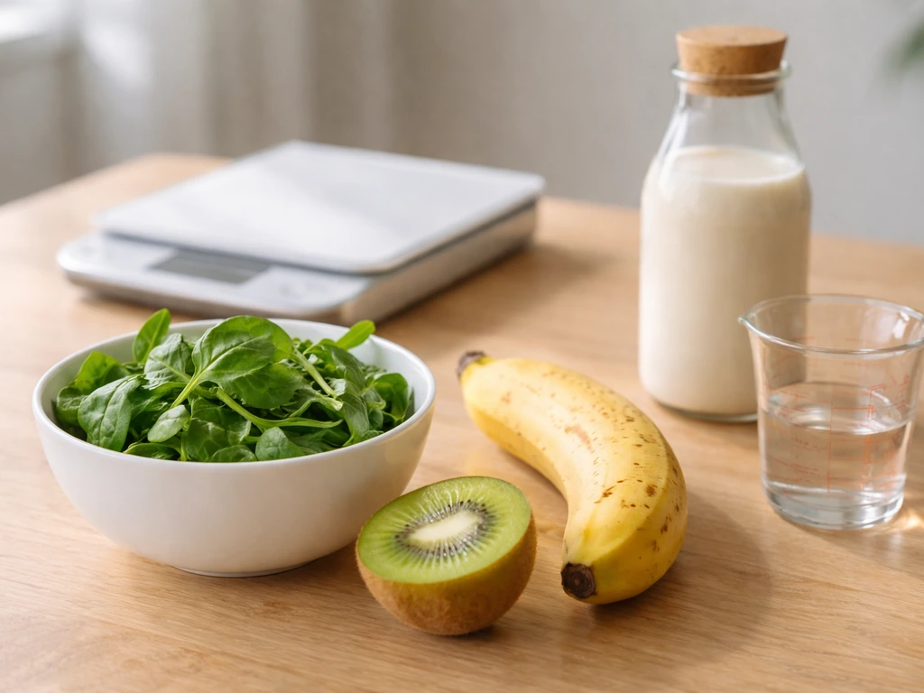 Ingrédients pour smoothie (épinards, banane, kiwi, lait végétal) disposés sur une table, vue rapprochée.