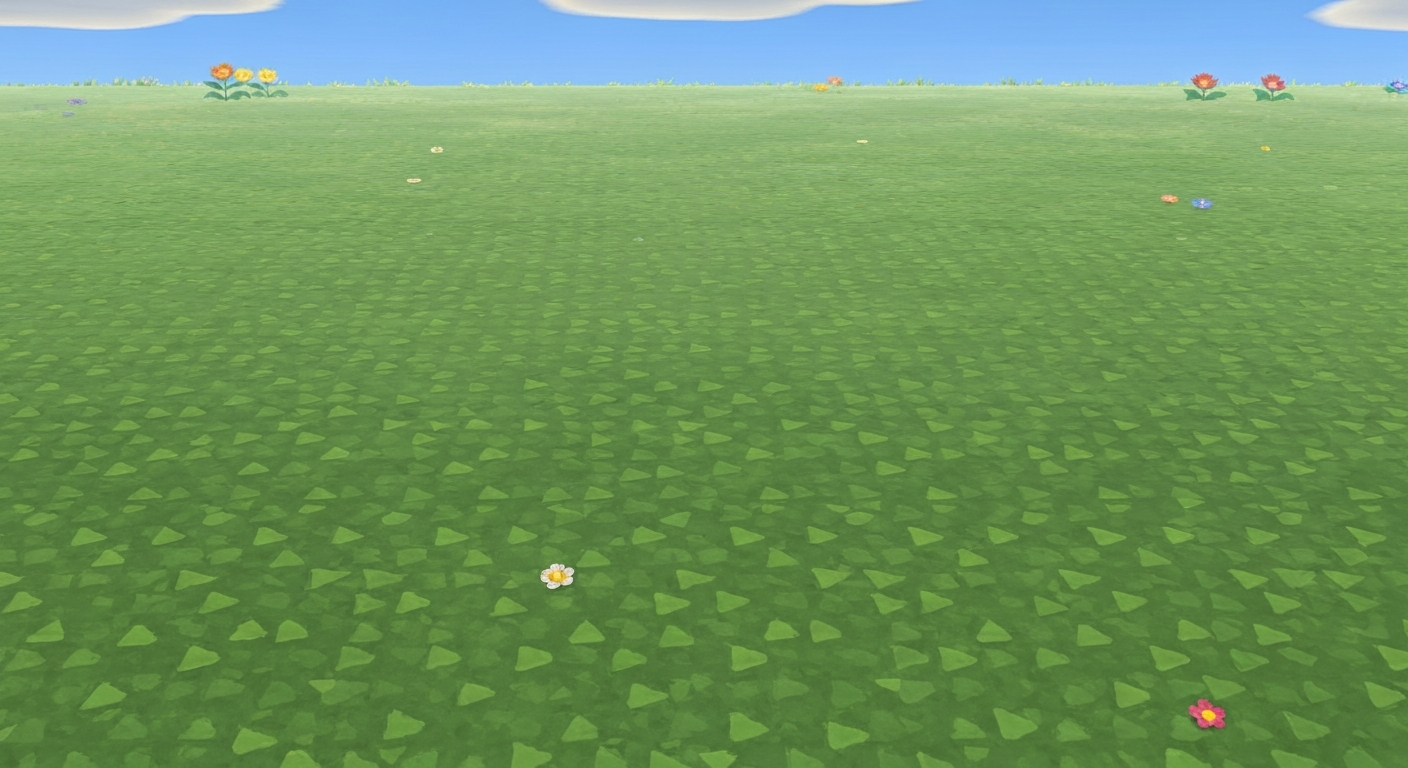 Gros plan d'un sol d'île couvert d'un motif herbe 32×32 parfaitement tuilé, variations de verts et accents ocre, style jeu vidéo.
