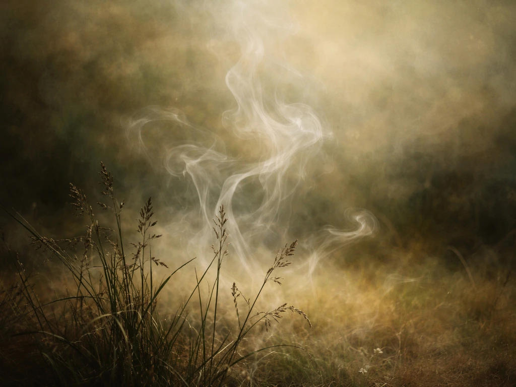 Herbes sombres et volutes brumeuses, ambiance de toile impressionniste évoquant la “petite fumée”.