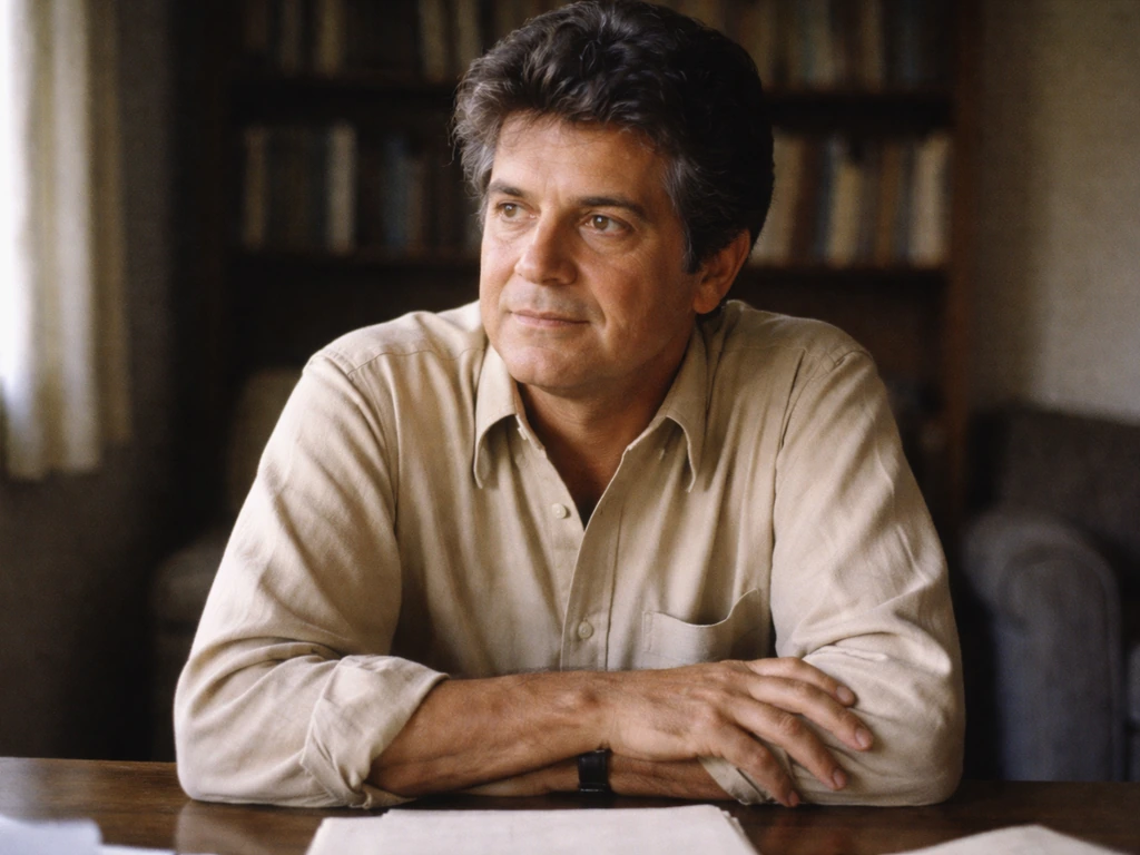 Carlos Castaneda à la table d’un salon, photo d’archive floue en clair-obscur, ambiance littéraire.