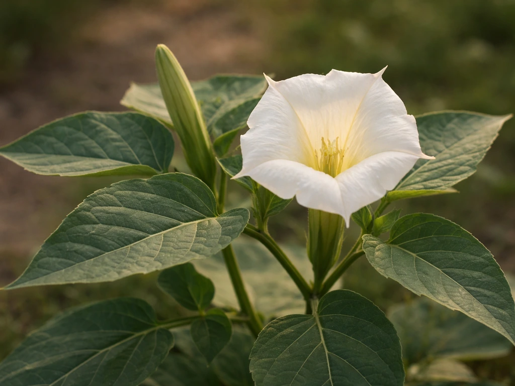 Plan rapproché d’une plante de Datura avec feuilles et fleurs visibles, fond naturel flou.